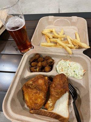 2-piece dark with fried okra, slaw, and fries. Beer was from District Brewing next door.