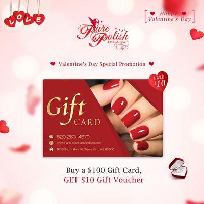 Don't forget to stop by at Pure Polish Nails And Spa before Valentine's Day to get that special someone in your life a gift.