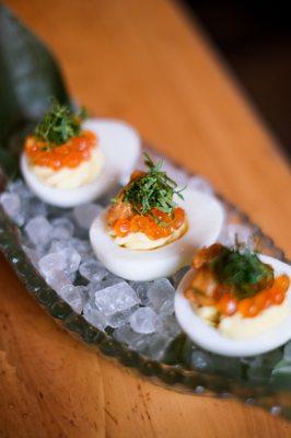 Devilled Eggs with Salmon Caviar & Uni. Wasabi infused egg yolk