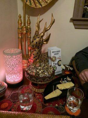 Water, pineapple slices and chocolate at the end of the massage.