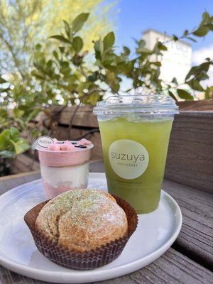 Yuzu green tea, Green Tea Cream Puff, strawberry and coconut parfait