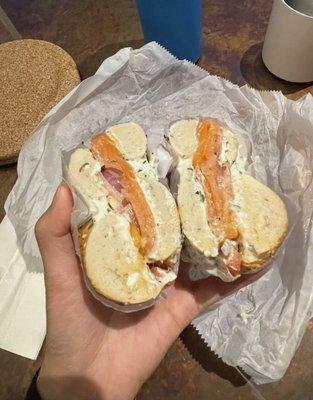 Lox & Chive Cream Cheese sandwich (added tomato and red onion) in all its beauty and glory