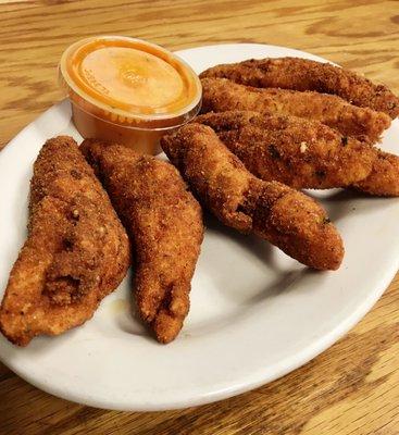 Delicious Chicken Fingers with a side of Honey Hot sauce! All of our chicken is fresh cut and cleaned--Every. Single. Day.