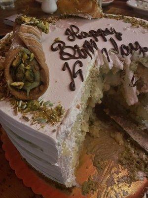 Custom pistachio birthday cake with pistachio cannolis