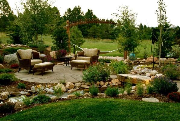 relaxing patio with water feature