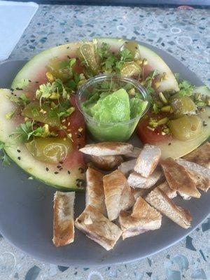 Watermelon salad, no feta, add avocado and chicken