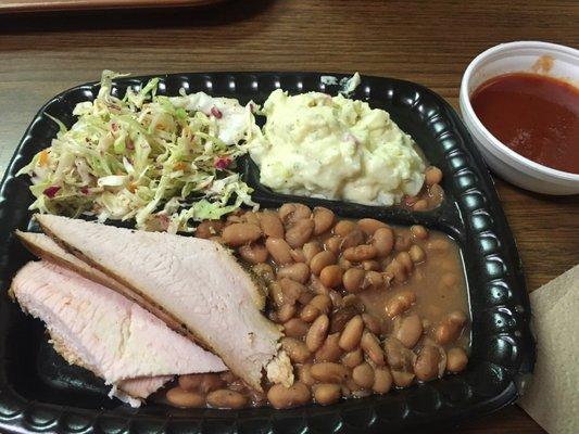 Smoked turkey, beans, potato salad & coleslaw.