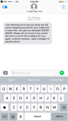 After I was offered 1,500 for 2013 Toyota Corolla and I walk straight out the door I received this message from those clowns.