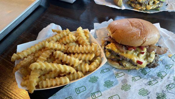 Double smoke shack burger with fries