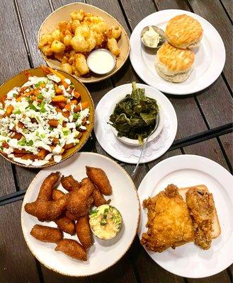 Get the Butter Biscuits, Beer Battered Cheese Curds & Hush Puppies. Skip the Collard Greens & fries. 2 Pieces Chicken was worth trying too.