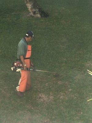 "mowing" the lawn with a single gas powered weed whacker.  this has gone on for HOURS so far and he's completed less than 1/4.