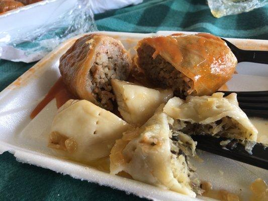 Stuffed cabbage, mushroom/sauerkraut pierogis and potato/cheese pierogis.