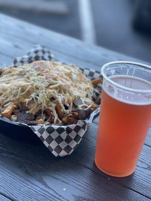 Michi fries and blood orange beer