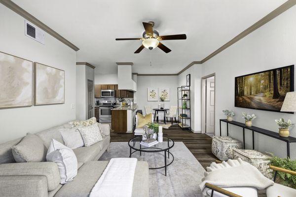 Living room with view of kitchen and dining area at Mira Vista at La Cantera