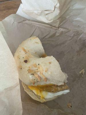 This is (allegedly) an Asiago bagel with sausage egg and cheese