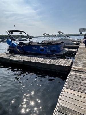 Cookie Monster boat parked at the dock