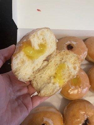 Lemon filled: Mostly just donut. The right side is literally just a tiny bit of filling that smeared on from the left side.