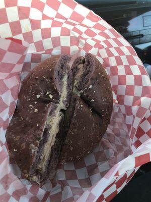 Blueberry bagel with honey/walnut cream cheese.