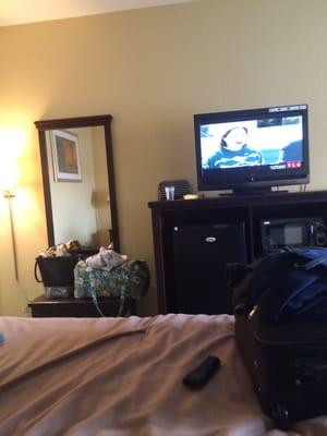 Rooms have fridge and a microwave. The TV is terrible quality but you get what you pay for.