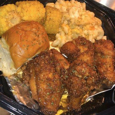 Cajun Honey Fried Chicken, Corn Wheels & Gouda Mac & Cheese