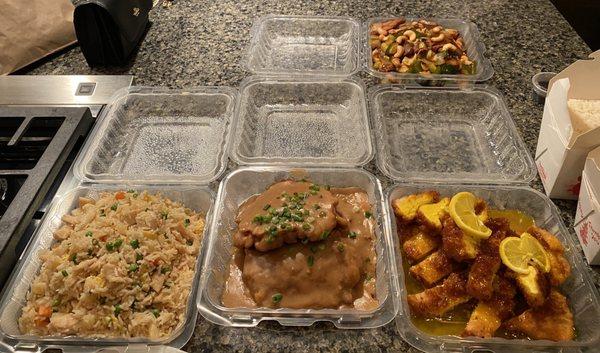 Fried Rice, egg foo young, Lemon Chicken, cashew beef