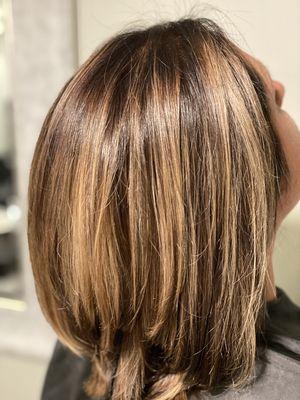 Caramel highlights. Long layers. Mobile salon. In home hairdresser