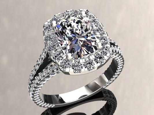 Split Shank Custom Made Diamond Cushion Engagement Rings At Charleston Alexander Jewelers, Created By Our CAD Designer.