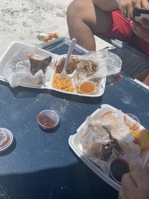 Mac Mac N Cheese, ribs, and Jerk Chicken Plate