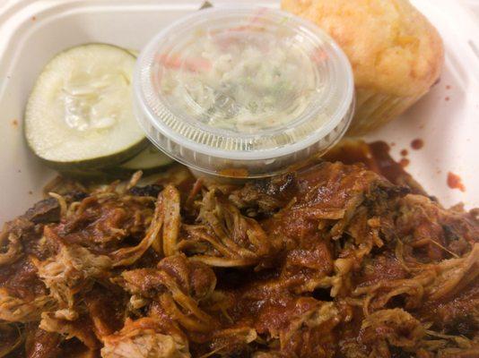 Pulled pork with pickles, coleslaw, and cornbread!