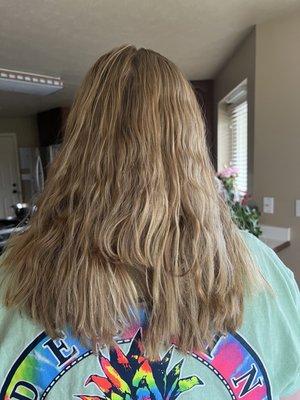 Hair 2 days after perm and wash. Really shows the "layers."