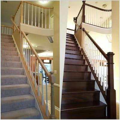 New Custom Maple Railing System and steps With Acacia Coffee Color Wood Done by Royal Floors in Fairfax Station House