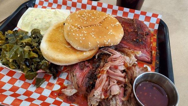 2 meat plate. Ribs, pulled pork, gnocchi potato salad, and collard greens