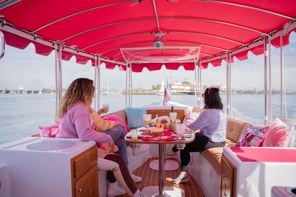 Pink Electric Party Boat cruises in San Diego Bay! It's cute way to celebrate Bachelorette or Birthday in style.