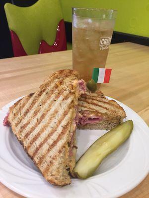 The Commish corn beef deli sandwich.  Cream soda pop from soda fountain.