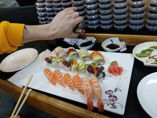 black paper tuna roll, rainbow roll, salmon and shrimp sushi! so yummy and so beautiful