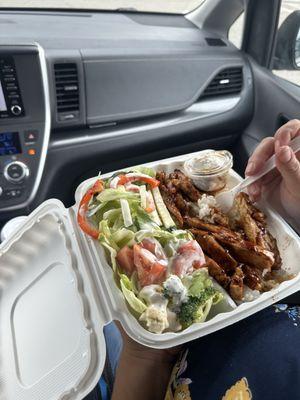 Teriyaki chicken with a side salad.