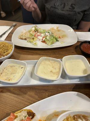 Bean and cheese quesadilla and cheese dip trio