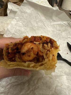 Shrimp burrito with chorizo and pico de gallo