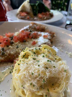 Chicken Milanese and fettuccini Alfredo