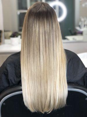 Blended blonde highlights with shadow root and toner