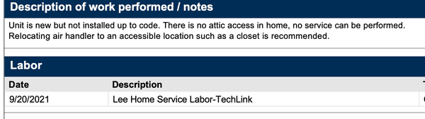 HVAC technician notes saying the unit it not up to code.