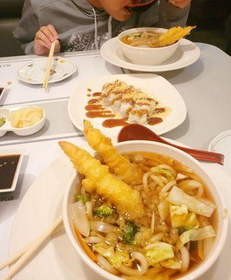 tempura udon and crab roll. ask for the tempura on the side. the broth was hot, but after four slurps it tasted salty #umami