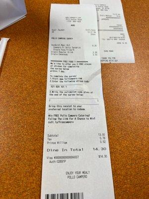 Receipt that charged meal $8.25 NOT $8 for the meal and a drink (that's not free) which ad shows free drink with meal.