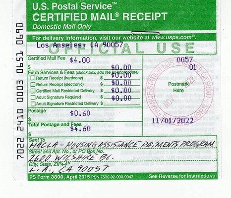 CERTIFIED MAIL RECEIPT FOR HACLA HOUSING ASSISTANCE PAYMENTS PROGRAM