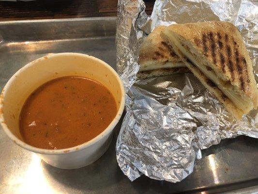 Soup of the day (Tomato Basil) and gourmet Feast Grilled Cheese Sandwich