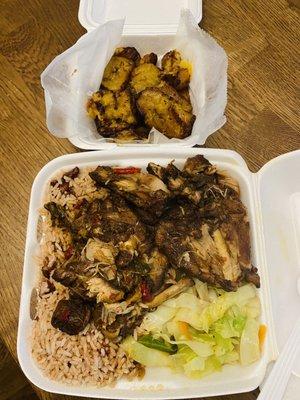 Brown Stew Chicken, cabbage, plantains, Rice and Peas