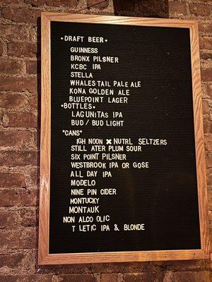 Beers menu