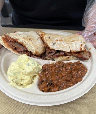 Tri-Tip sandwich, baked beans & potato salad at our birthday event!