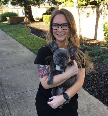 Meet Sam, our hygienist, and Fendi, our Therapy Dog