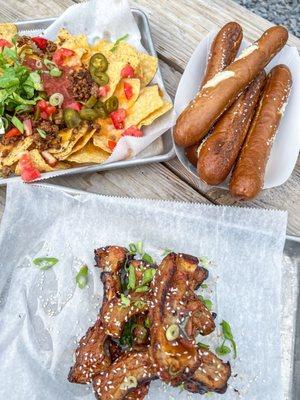 Nachos, pretzel sticks, Korean bbq ribs